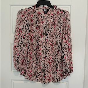 DKNY Women's Blouse with Pink and Black Abstract Design